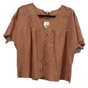 Madewell Rhyme Boxy Top Women’s L  Cotton Button Front Peach Pink Blouse V Neck